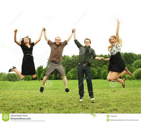 Friends Jumping Outdoor Stock Photo Image Of Laughing 14502036