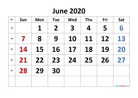 Free June 2020 Calendar With Week Numbers