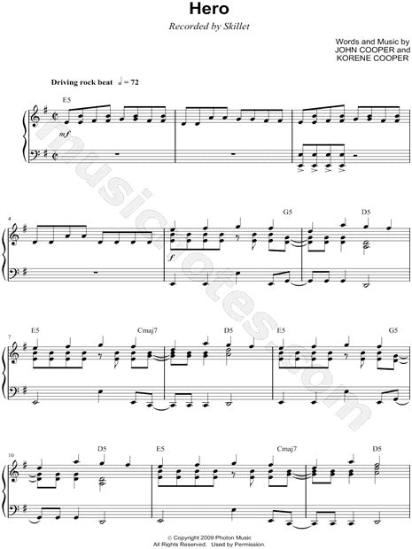 Skillet Hero Sheet Music In E Minor Transposable Download And Print