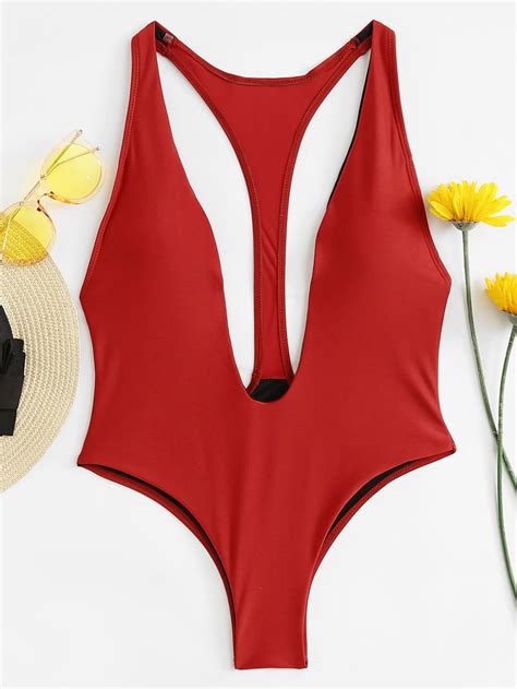 Red Plunge Neck One Piece Swimwear Sheinsheinside