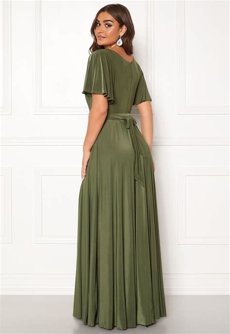 Goddiva Flutter Sleeve Maxi Dress Olive Green Bubbleroom