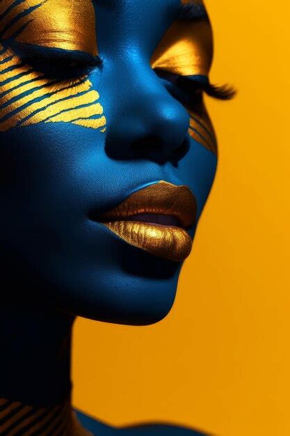 Premium Ai Image A Woman With Blue Face Paint And Gold Paint On Her Face