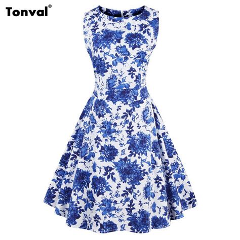 Tonval Women Blue Floral Vintage Dress 2017 Summer Gorgeous Print Rockabilly Elegant Retro Bow