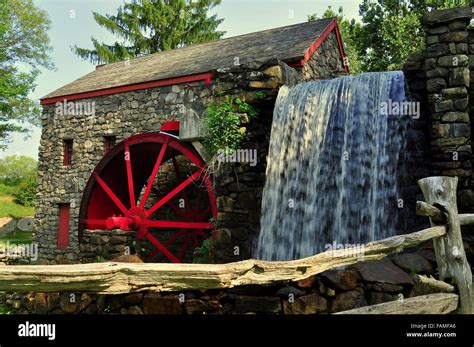 Sudbury Massachusetts The Old Stone Grist Mill With Water Wheel Stock