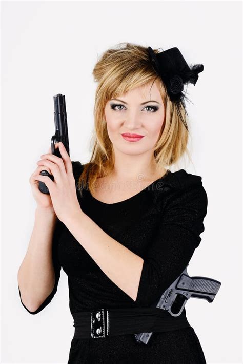 Beautiful Young Woman In Red Dress Holding Gun Stock Photo Image Of