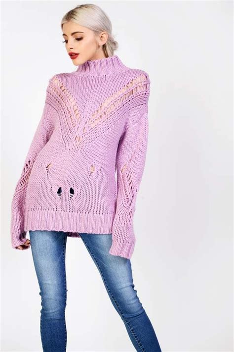 High Neck Distressed Knitted Purple Jumper By Glamorous Mode Online Knitted Jumper Topshop