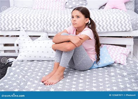 Sad Concept Sad Little Girl Sad Child Sit On Bed Sad Kid In Bedroom