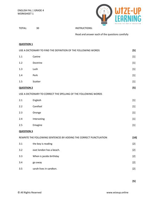 Free Grade 4 English Worksheets South Africa