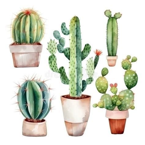 Watercolor Cacti Set Isolated On A White Background Hand Drawn