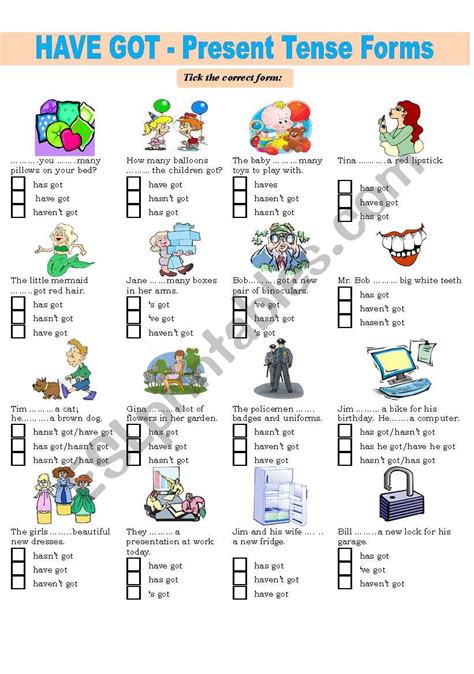 English Worksheets Verb Have Got Present Tense Forms