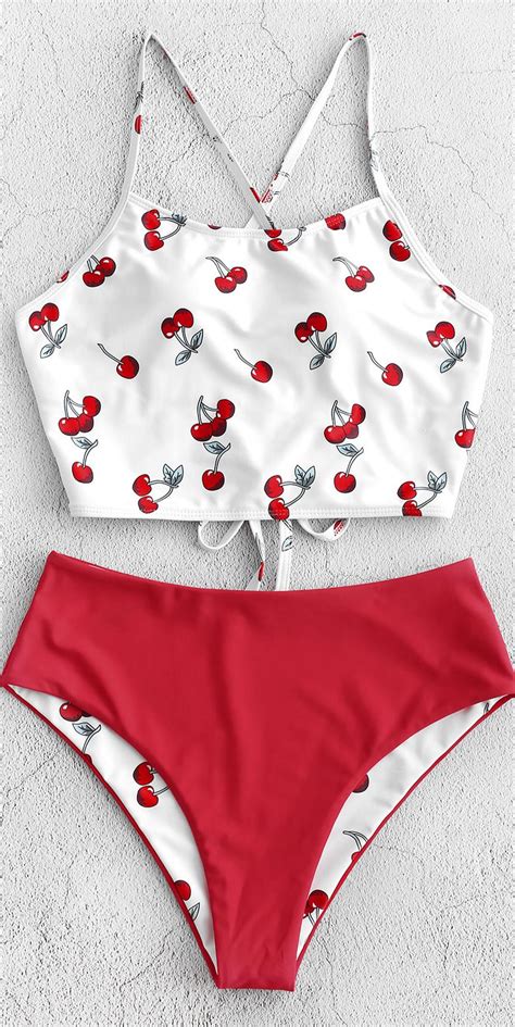 Reversible Cherry Print Lace Up Tankini Swimsuit Girls Bathing Suits