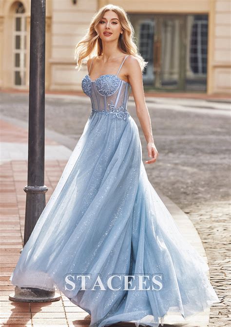A Line Sweetheart Sleeveless Sweep Train Tulle Prom Dress With Split Glitter Appliqued S Pm