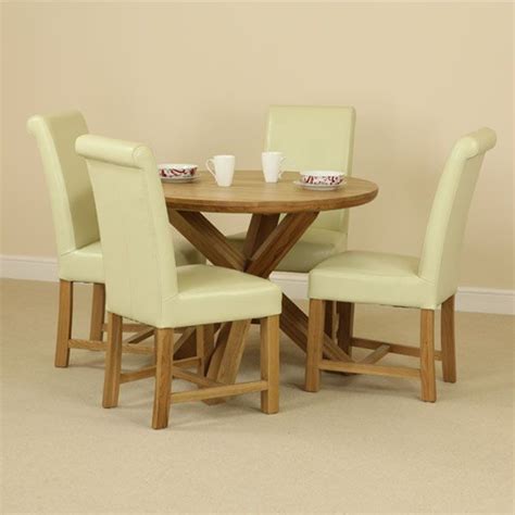 Solid Oak Round Dining Table With Crossed Legs 4 Braced Cream Leather
