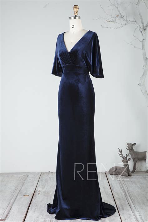 Mother Of The Bride Dress Navy Blue Velvet Dress Long Sleeve V Image