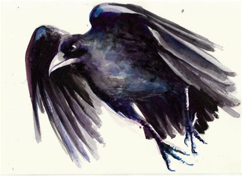 Original Watercolor Painting Raven In Flight One Of Door Aquagest 29