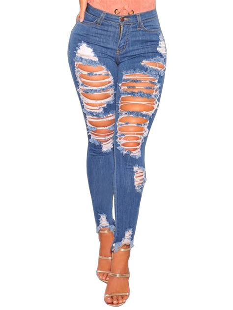 Womens Casual Destroyed Ripped Distressed Skinny Denim Jeans Ripped Jeans Style Women Jeans