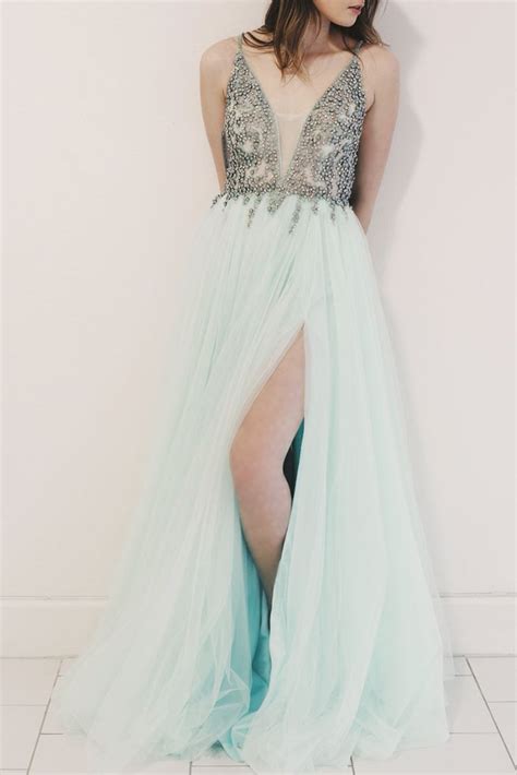 spaghetti straps v neck beaded long prom dress a line green evening dress · misszhu bridal