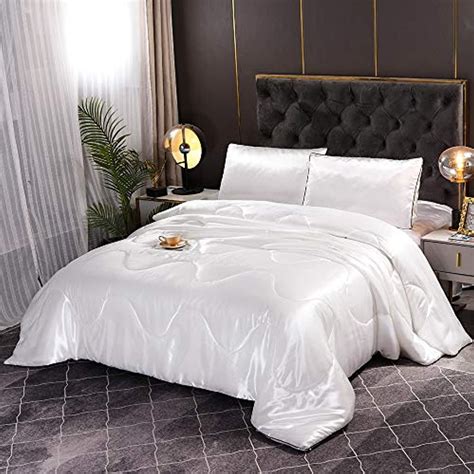 Silk Comforter Set White Queen Bedding Set Satin Silky Soft Luxury Quilt Comforter With 2