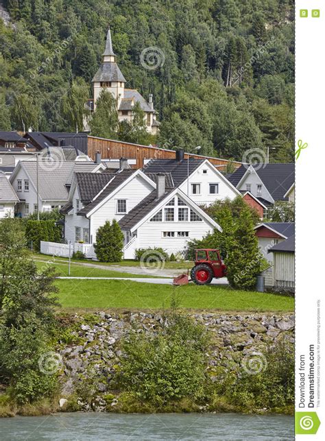 Norwegian Traditional Village River And Hill Norway Rural Land Stock