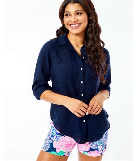 Lilly Pulitzer Sea View Linen Button Down Top In Blue Lyst