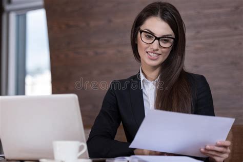 Beautiful Woman In Glasses Working In An Office Stock Image Image Of