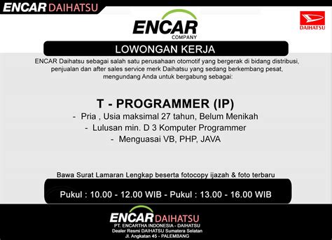 Staff ( > 1 tahun pengalaman kerja). Lowongan Kerja Programmer Enchar Daihatsu Palembang ...