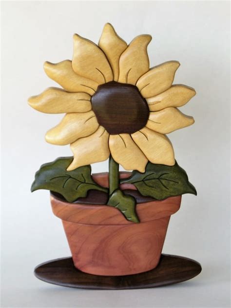 Sunflower Pot Intarsia Wood Carving Wall Hanging Floral Summer