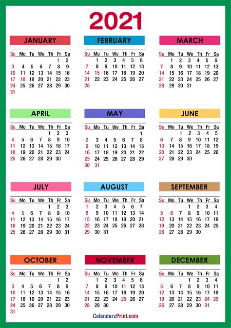 This 2021 calendar is in landscape layout and is free to use. 2021 Calendar with Holidays, Printable Free, Colorful ...