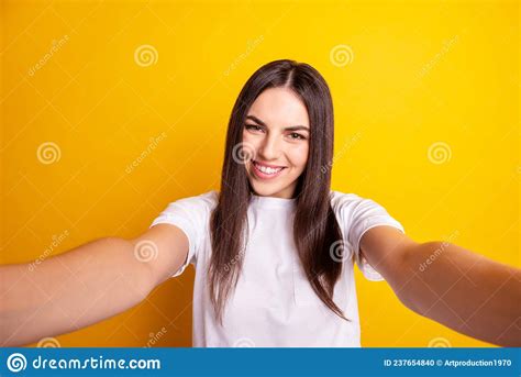 Photo Of Young Cheerful Girl Good Mood Make Selfie Blogger Wear Casual
