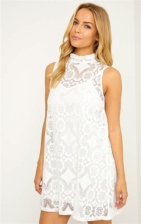 kelsey white lace shift dress dresses prettylittlething usa