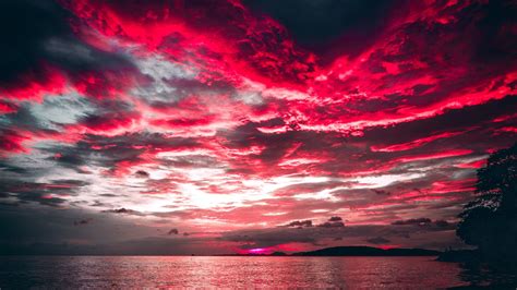 Download 2560x1440 Wallpaper Sea Sunset Red Clouds Nature Dual Wide