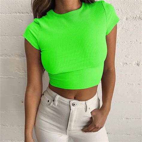 Women S Summer Casual O Neck Ribbed Crop Top In 2024 Neon Shirts Neon Outfits Crop Tops Women