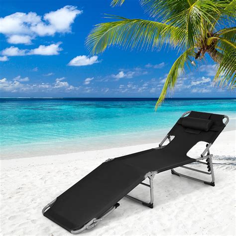 Goplus Outdoor Beach Lounge Chair Folding Chaise Lounge With Pillow