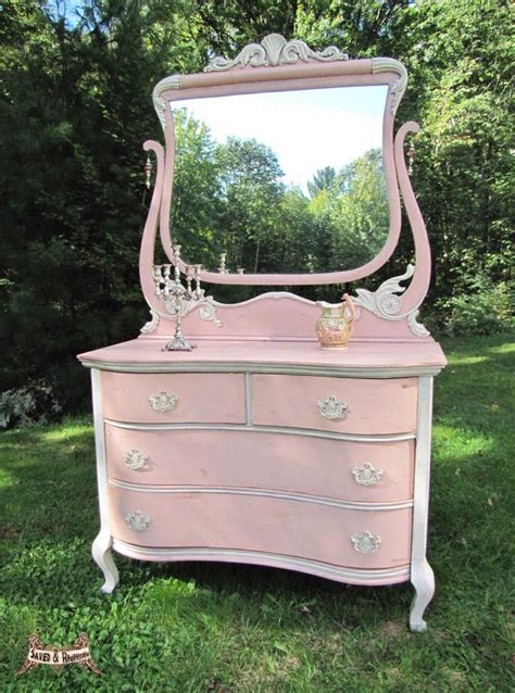 Dresser And Mirror Painted Pale Pink With Trim In A Vintage White To