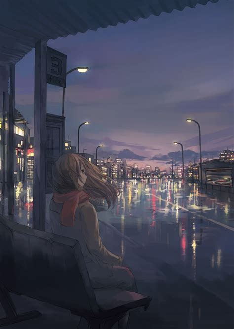 Anime Art City Scenery Night Time Rain
