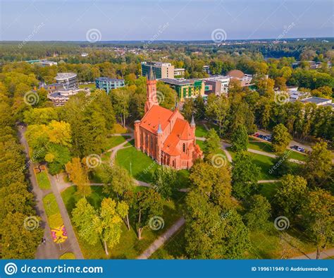 Aerial View Of Lithuanian Resort Druskininkai Church In City Park Stock