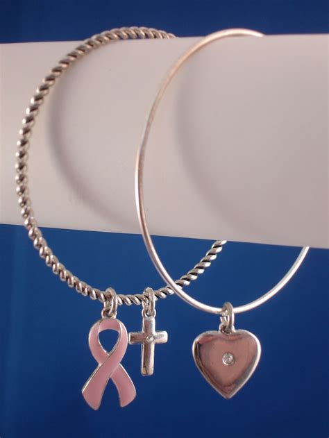 christian faith inspired set of two bangle bracelets cross heart and breast cancer awareness