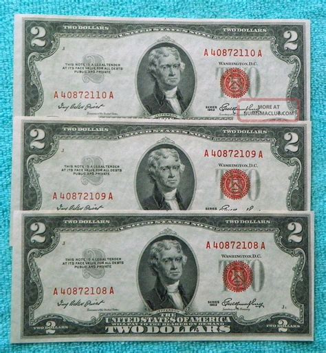 Consecutive Aa Block Sequential Red Seal Note Two Dollar Bill