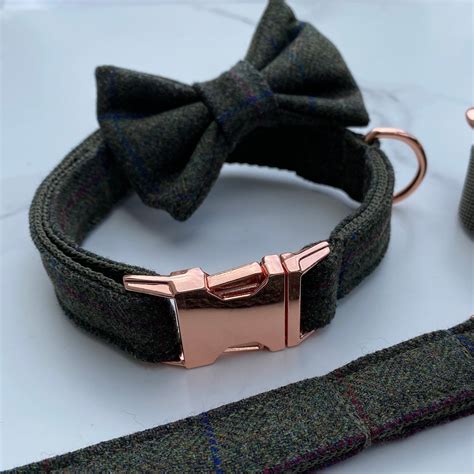 Green Tweed Dog Collar Bow Lead Set Rose Gold Metal Buckle Etsy