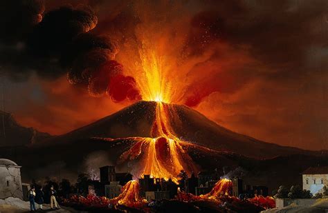 A volcano is a mountain that opens downward to a pool of molten rock below the surface of the earth. File:Eruption of a volcano above a village; lava covering ...