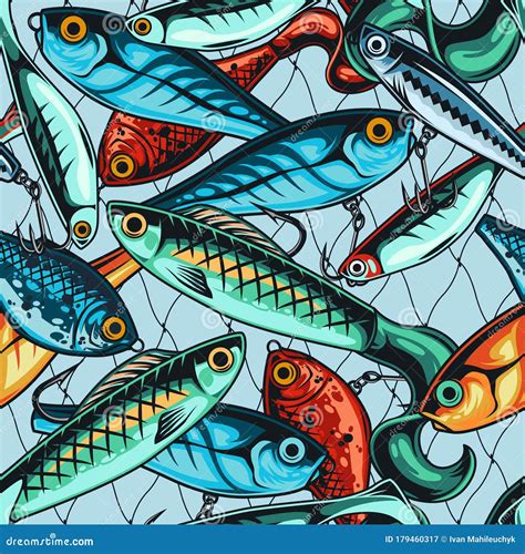 Colorful Fishing Baits Seamless Pattern Stock Vector Illustration Of