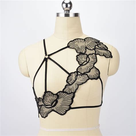 Lace Harness Bra Sheer Flowers Body Cage Bra Hollow Out Bralette Gothic