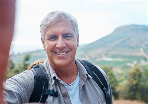 Selfie Hiking And Portrait Of Old Man On Mountain For Outdoor