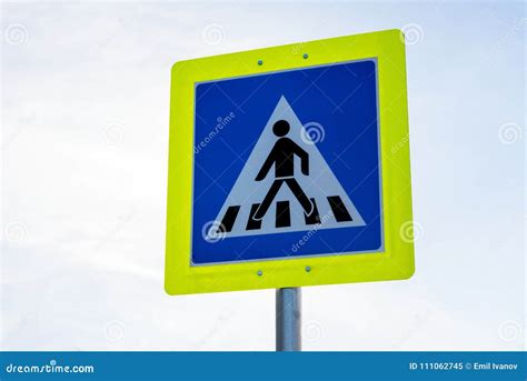 Pedestrian Crossing Road Traffic Sign In Yellow Frame Stock Image
