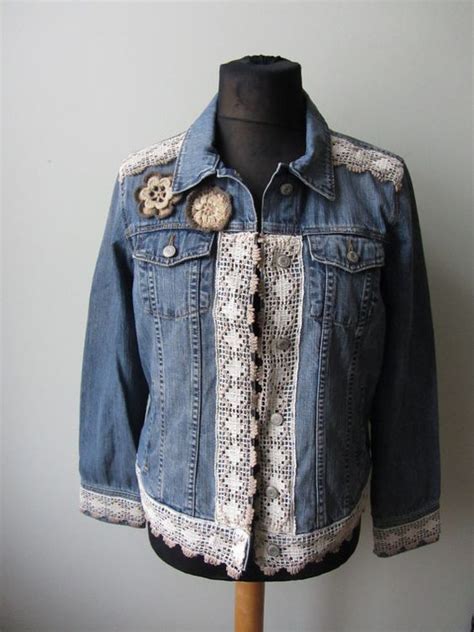 upcycled denim jacket detailed with lace and flowers i covered this jean jacket in beige brown