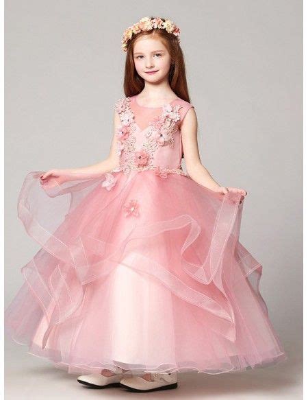 13599 Long Ruffled Ball Gown Pink Lace Pageant Dress With Crystals