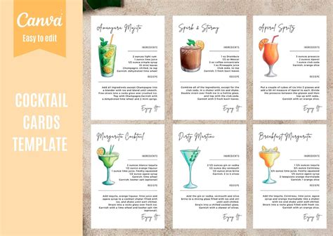 Cocktail Recipe Card Template Canva Drink Recipe Cards Etsy