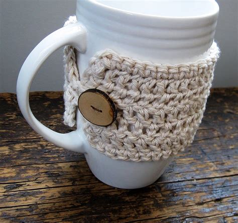 Cotton Crochet Coffee Mug Cozy Reusable Cup Sleeve In Ecru Etsy Mug