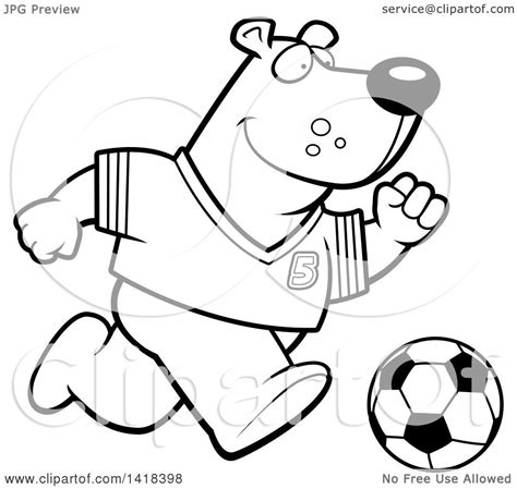 Cartoon Clipart Of A Black And White Lineart Sporty Bear Playing Soccer