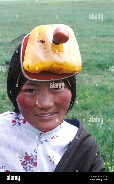 Outside Jyekundo Tibetan Nomad Woman Wearing Giant Amber Head Dress